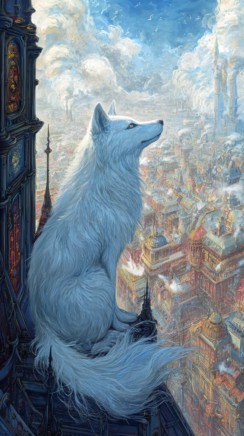 Ancient wolf spirit above a vibrant steampunk city