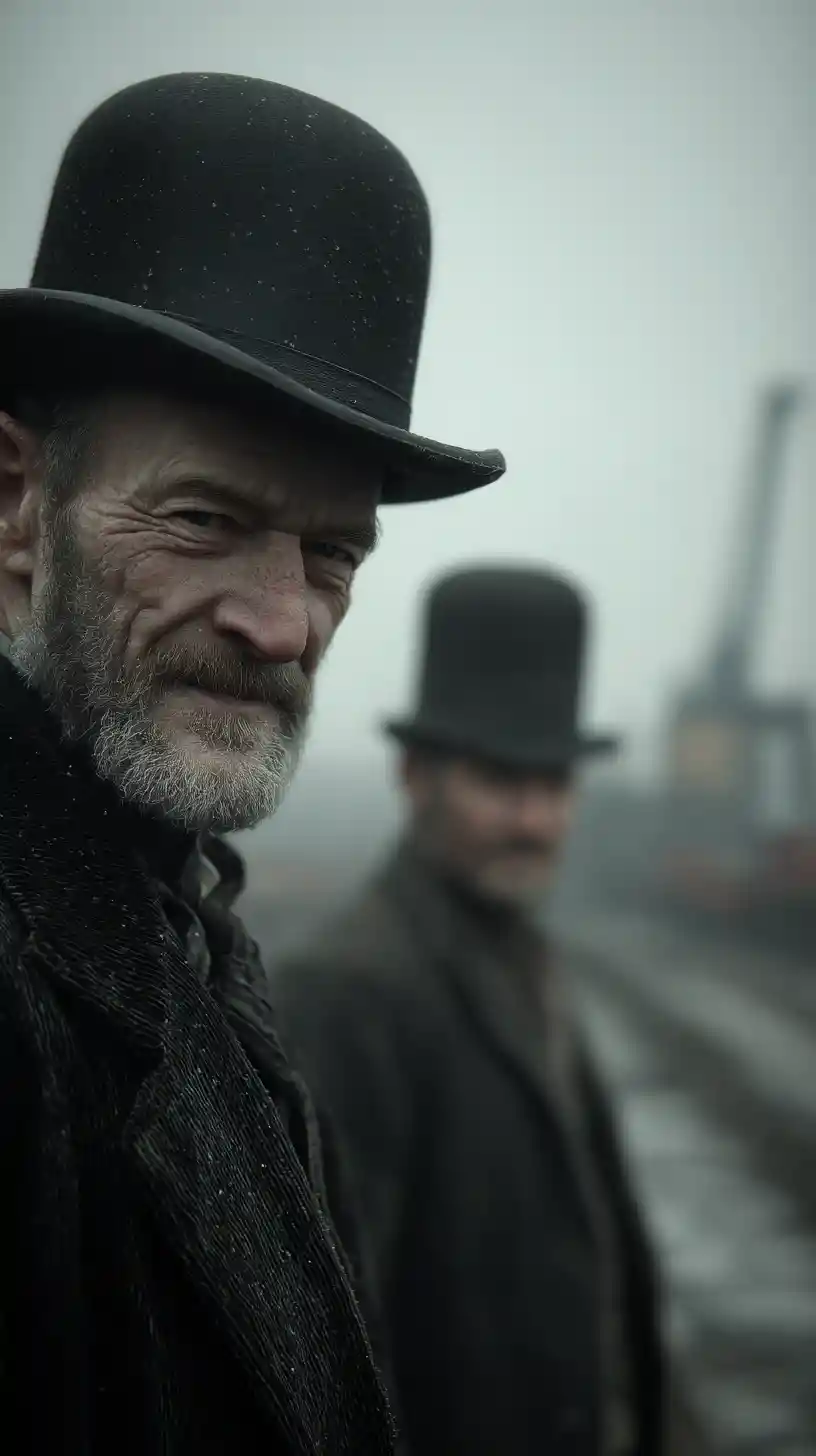 Older man in bowler hat in foggy industrial yard