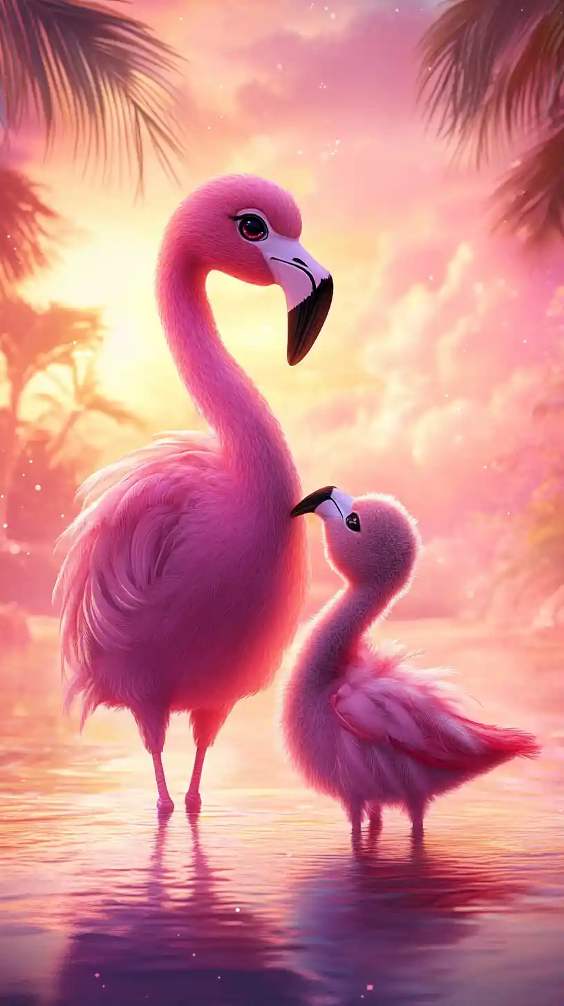 Kawaii flamingo mother and chick at tropical sunset