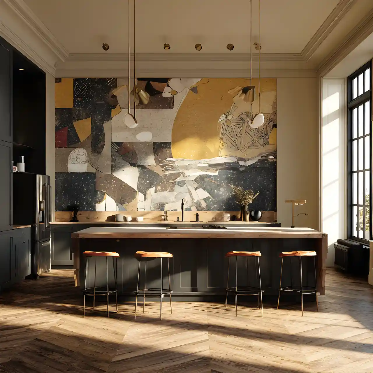 Cucina retrò moderna in scena di murale astratto