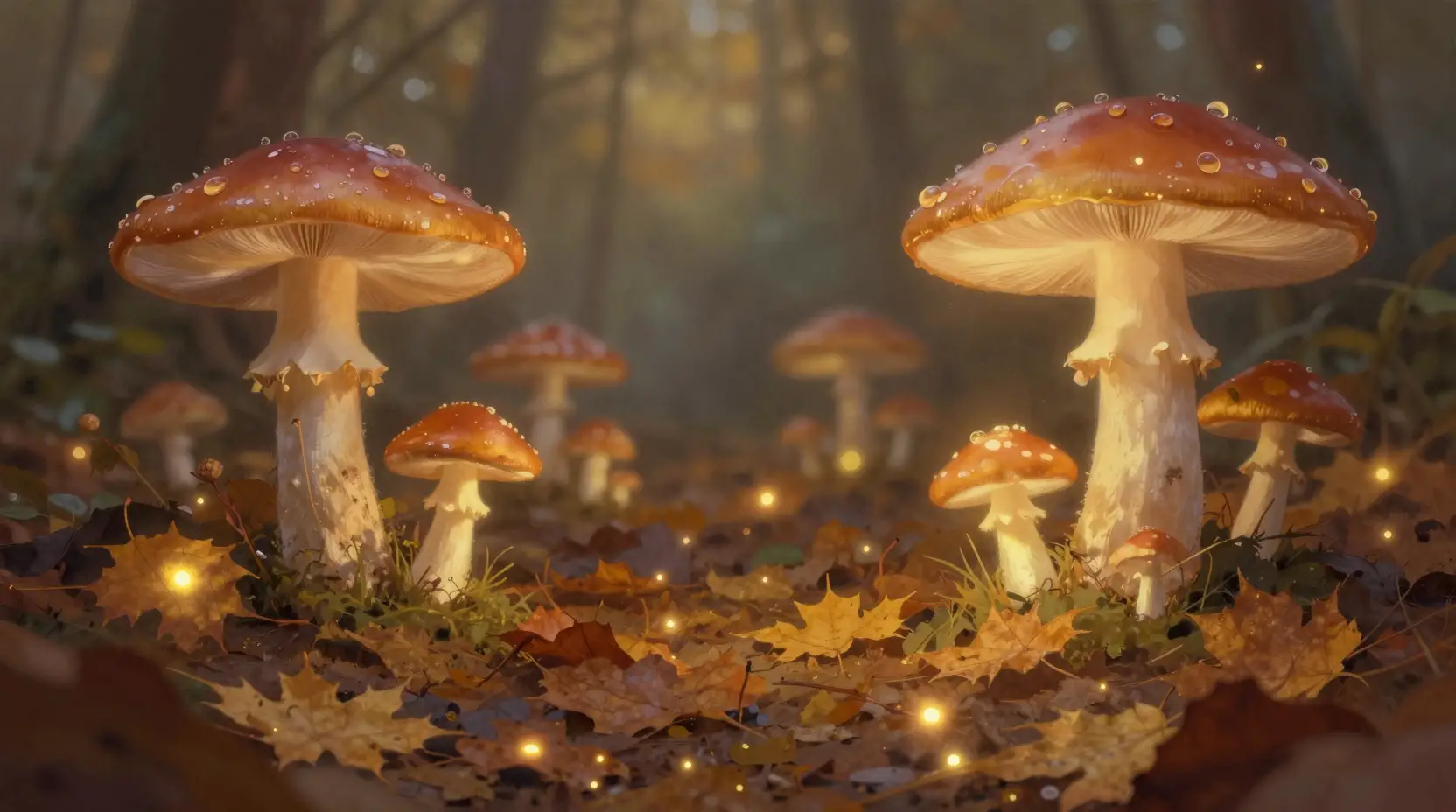 Surreal forest floor with glowing embers and mushrooms