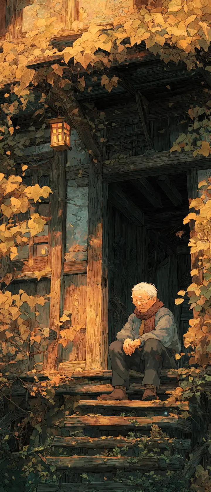 Elderly Man Holding Scarf On Quiet Countryside Porch