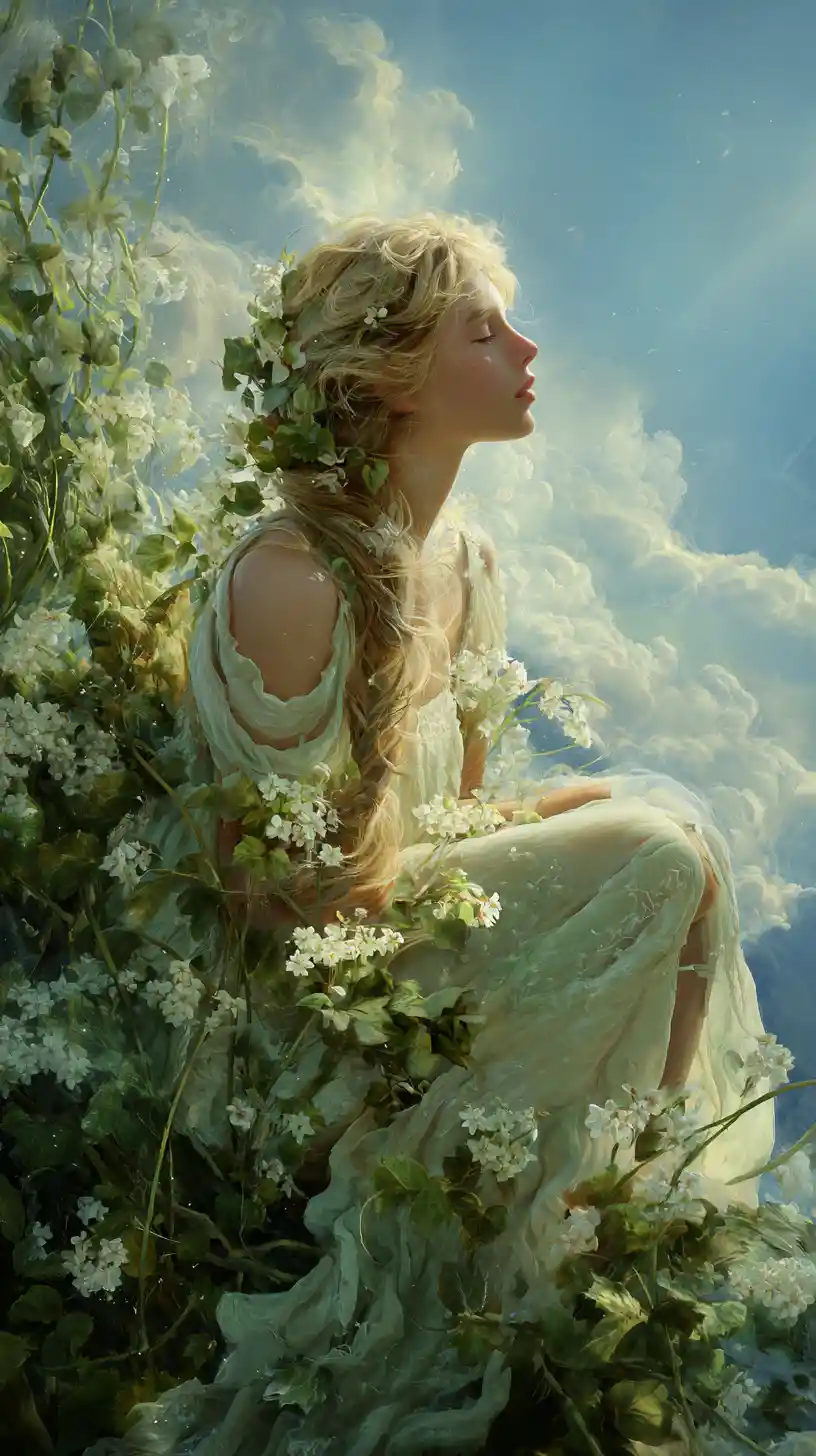 Ethereal woman in flowing gown in lush verdant garden