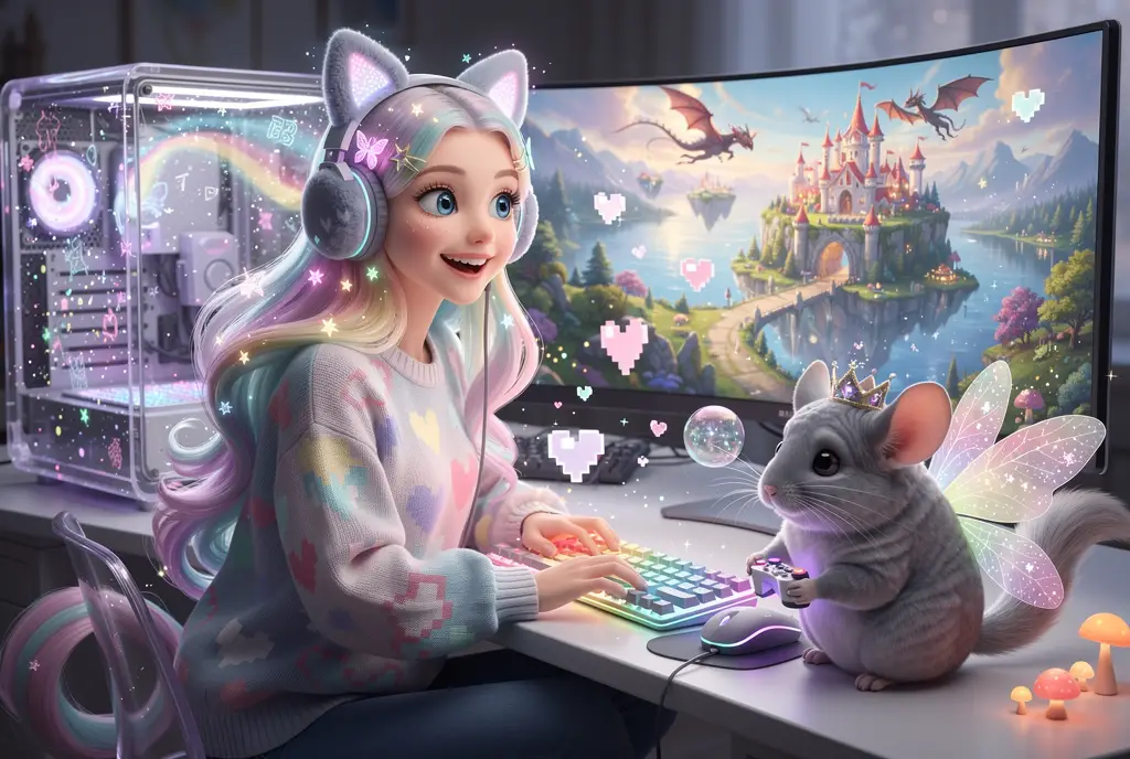 Cheerful girl gaming at glowing fantasy computer desk