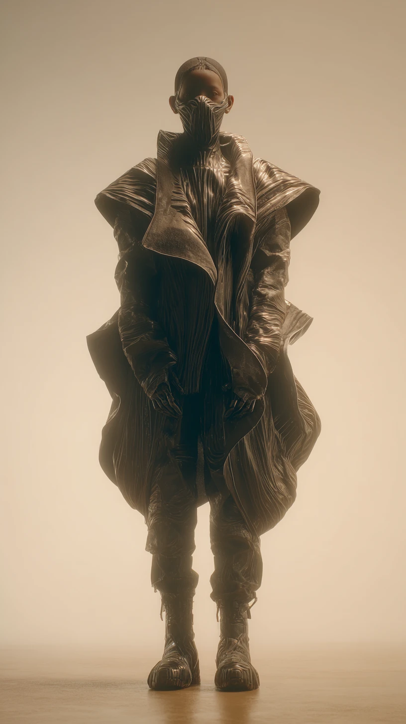 Cyberpunk bionic woman in layered pale black mantel