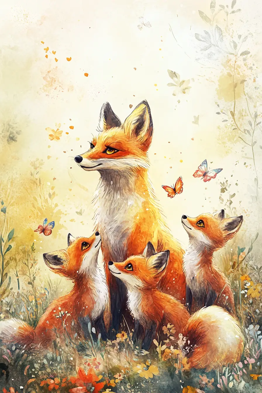 Mother fox with playful cubs in a sunlit meadow