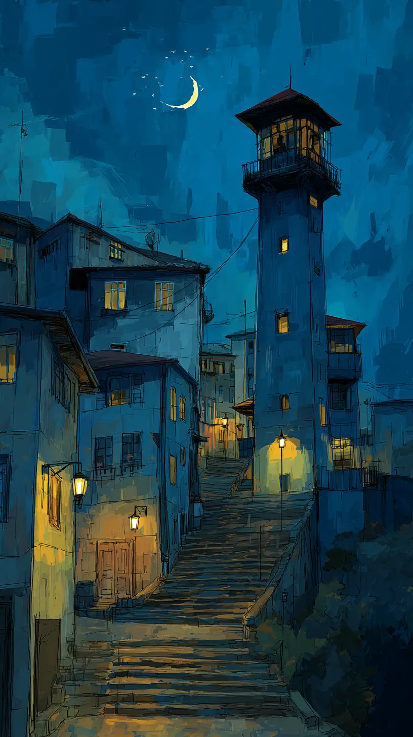 Night city on a hill with tower and glowing streetlights