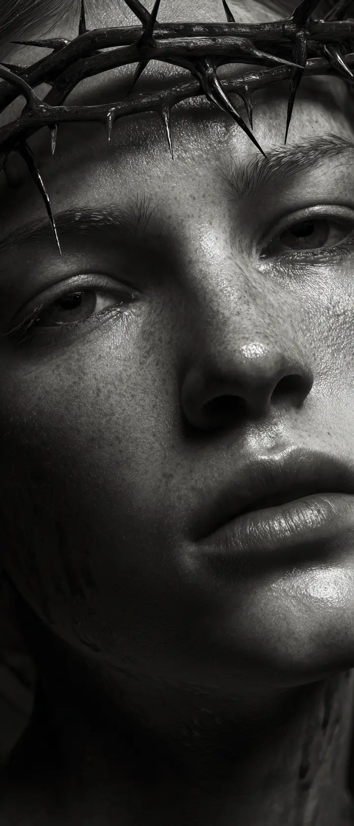 Surreal black and white portrait of a wounded young woman