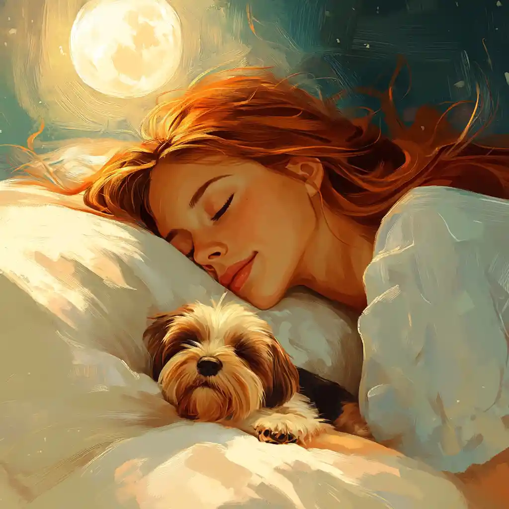 Sleeping woman and yorkshire terrier in a cozy bedroom