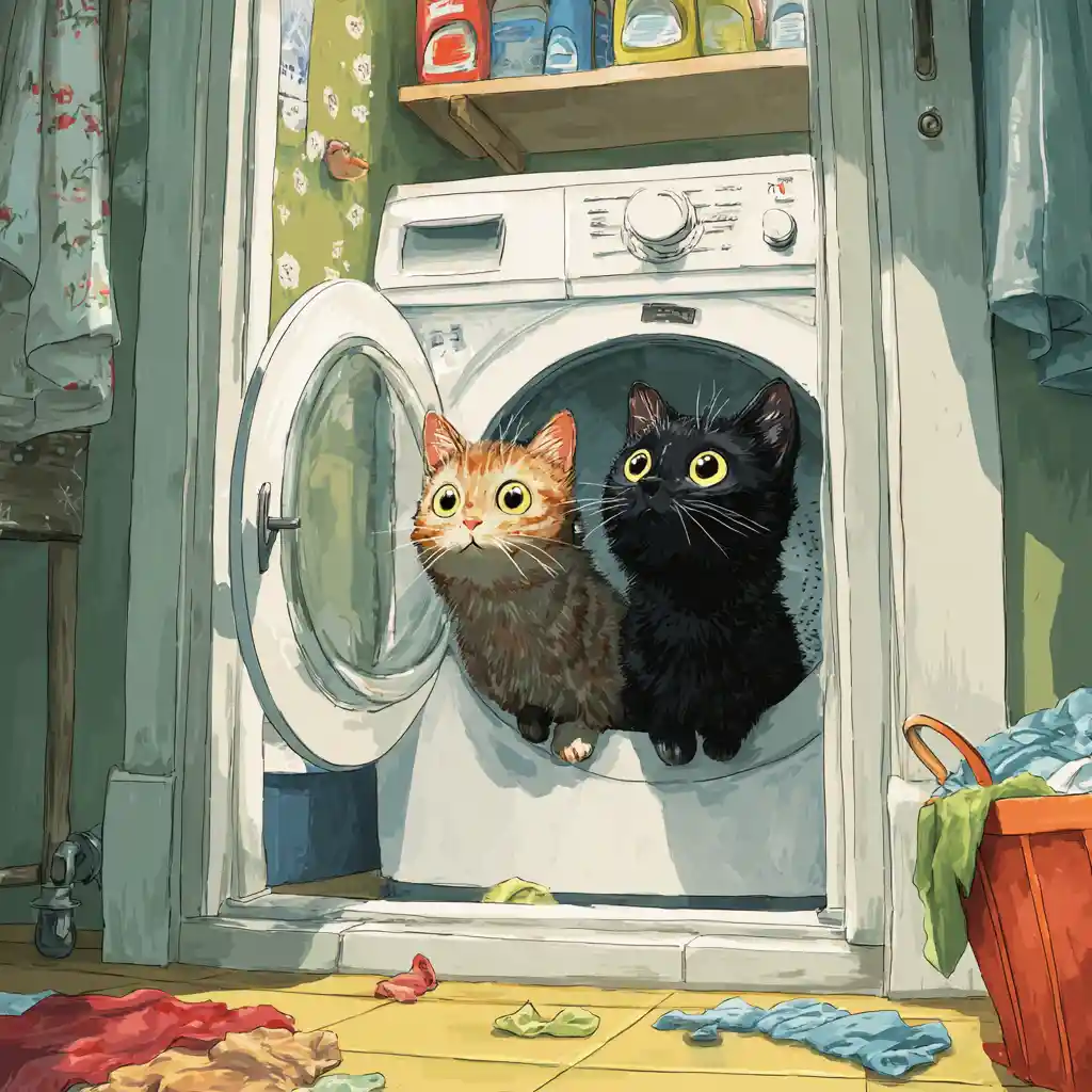 Curious kittens peeking from an open washing machine