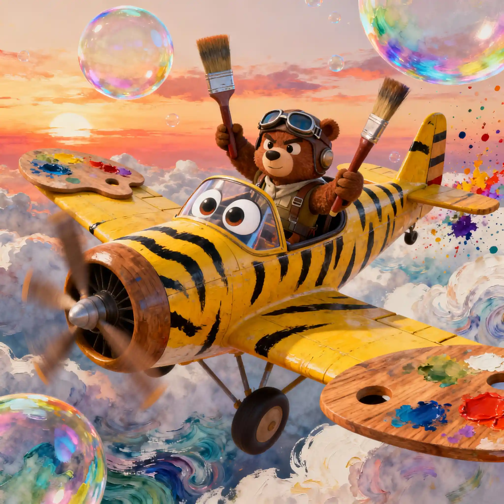 Cartoon biplane in a whimsical watercolor fantasy sky
