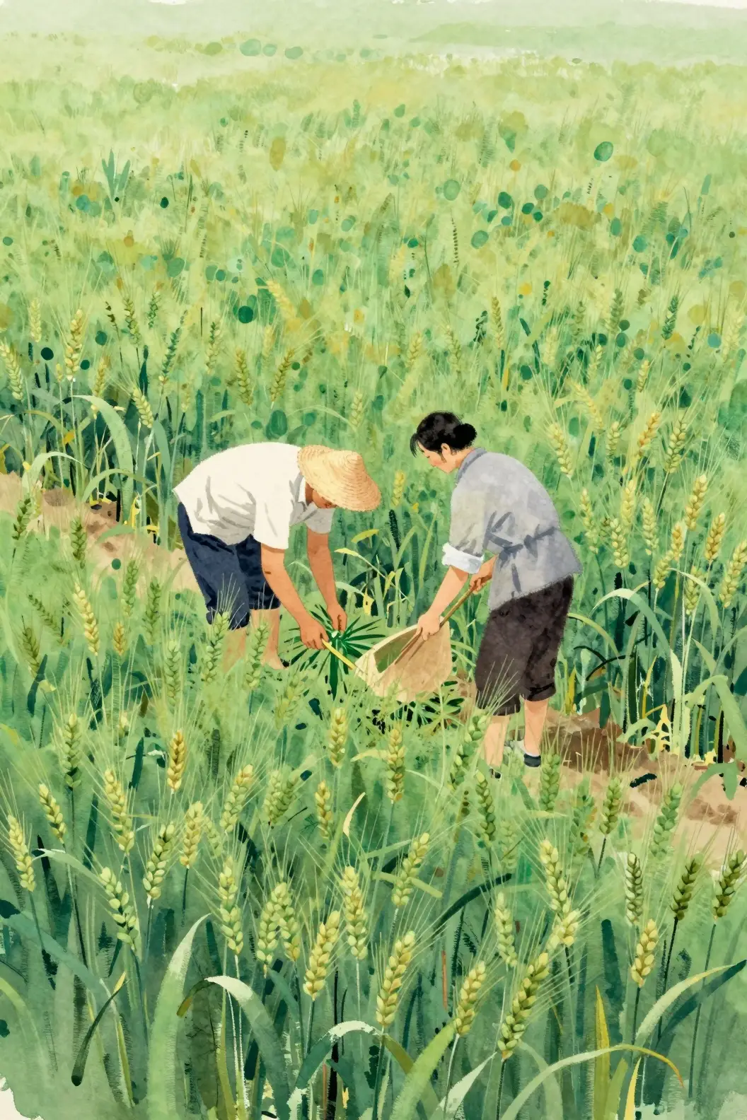 Chinese farmers working in a green wheat field illustration