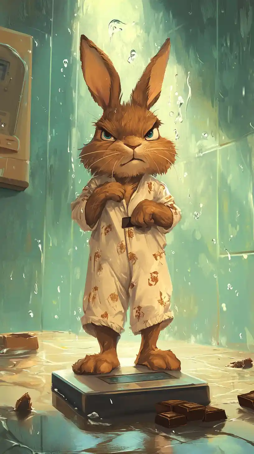 Grumpy rabbit checking weight on scale in pajamas