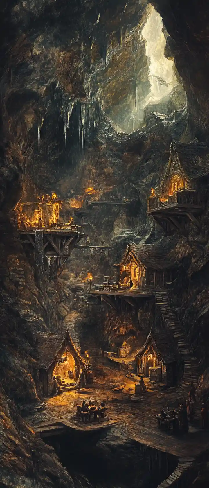 Dwarven homes carved into towering rock inside a vast cave