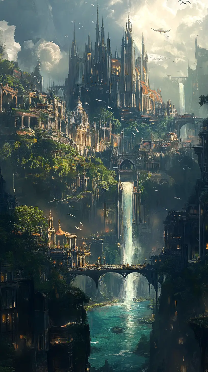 Mystical Gothic Metropolis Rising Above Forest And Sea