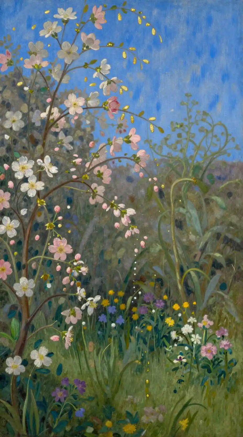 Fleurs de Jardin Sereines sous un Ciel de Printemps Bleu et Pur