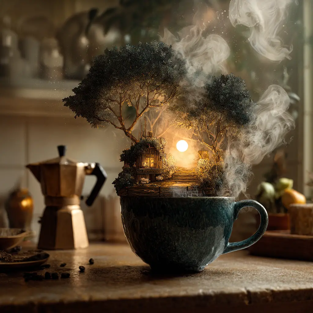 Dreamy forest coffee cup in a cozy kitchen scene