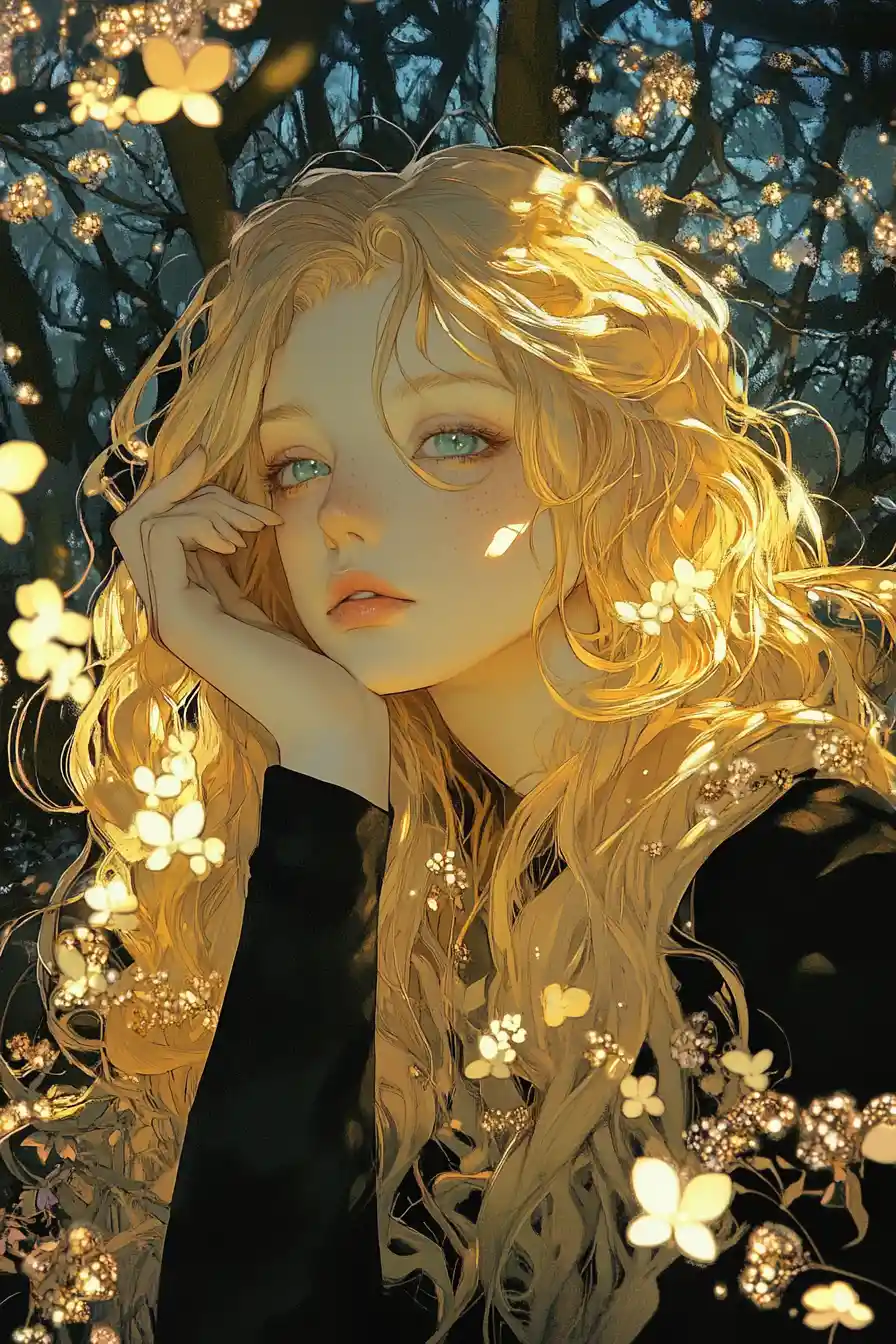 Blonde fantasy woman in shimmering contemplative backlight