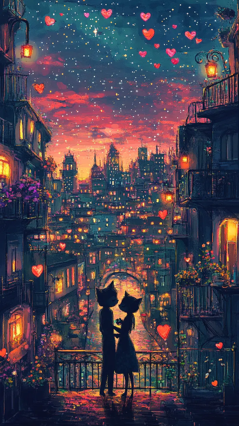 Feline couple in a dreamy abstract city at dusk