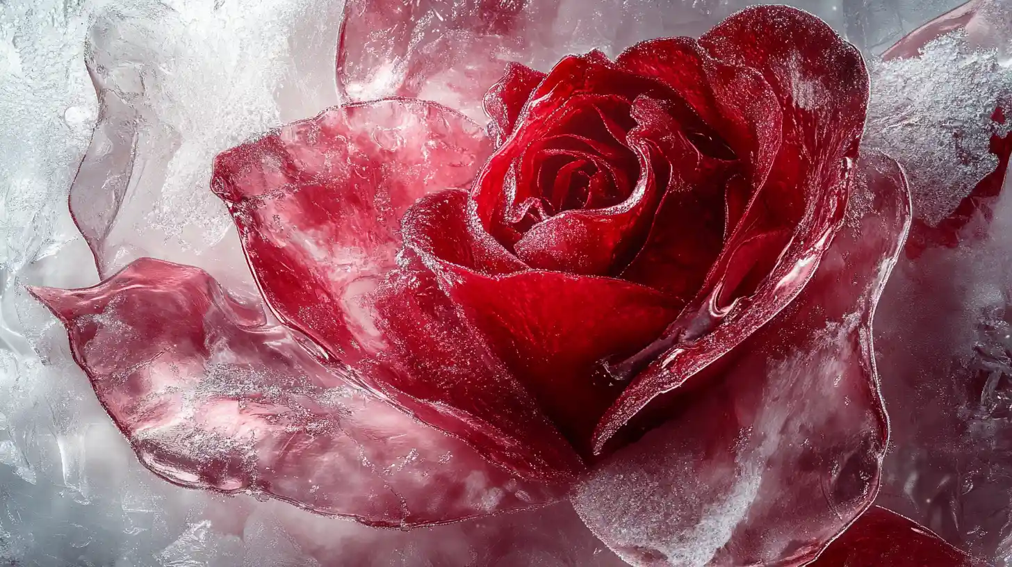 Red frozen rose on snow with glowing white butterflies
