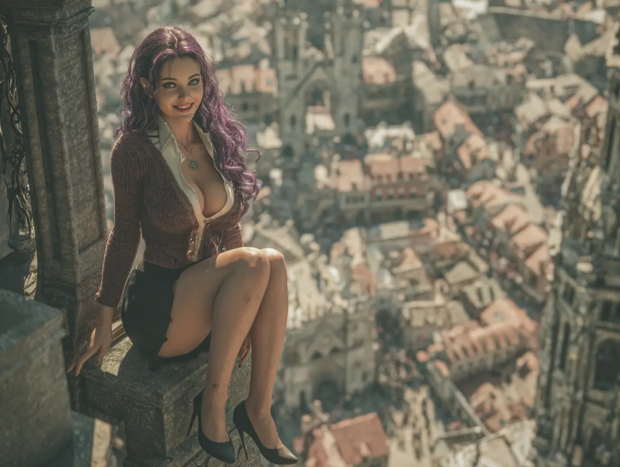 Smiling woman on a castle rooftop above medieval city