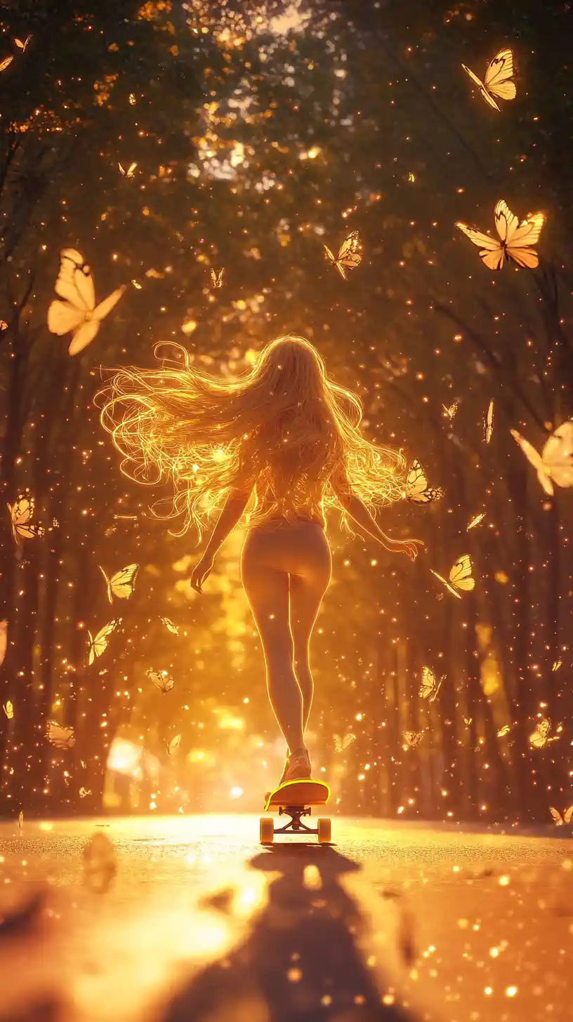 Young woman skating down a glowing tree lined street