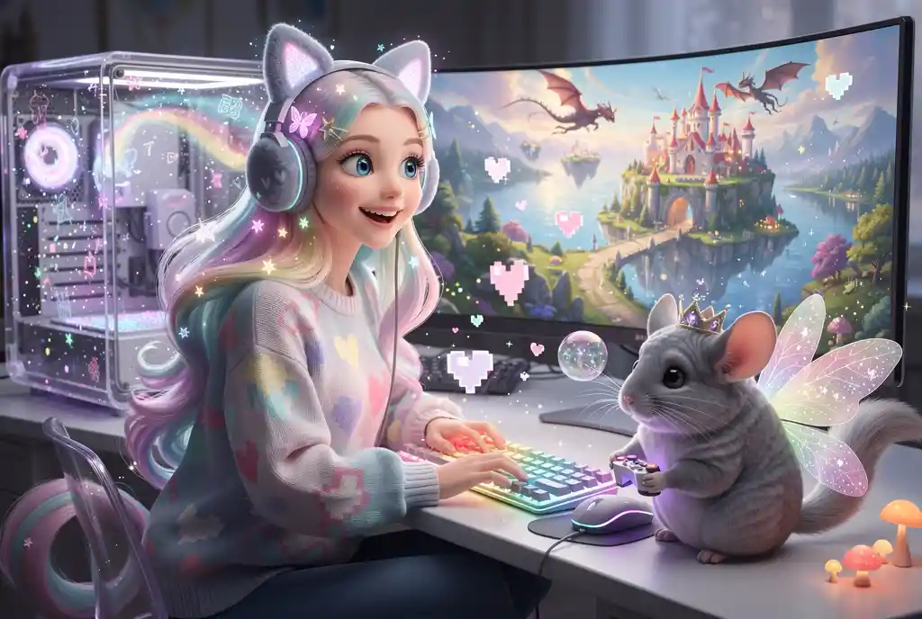 Chica alegre jugando en escritorio de computadora de fantasía iluminado