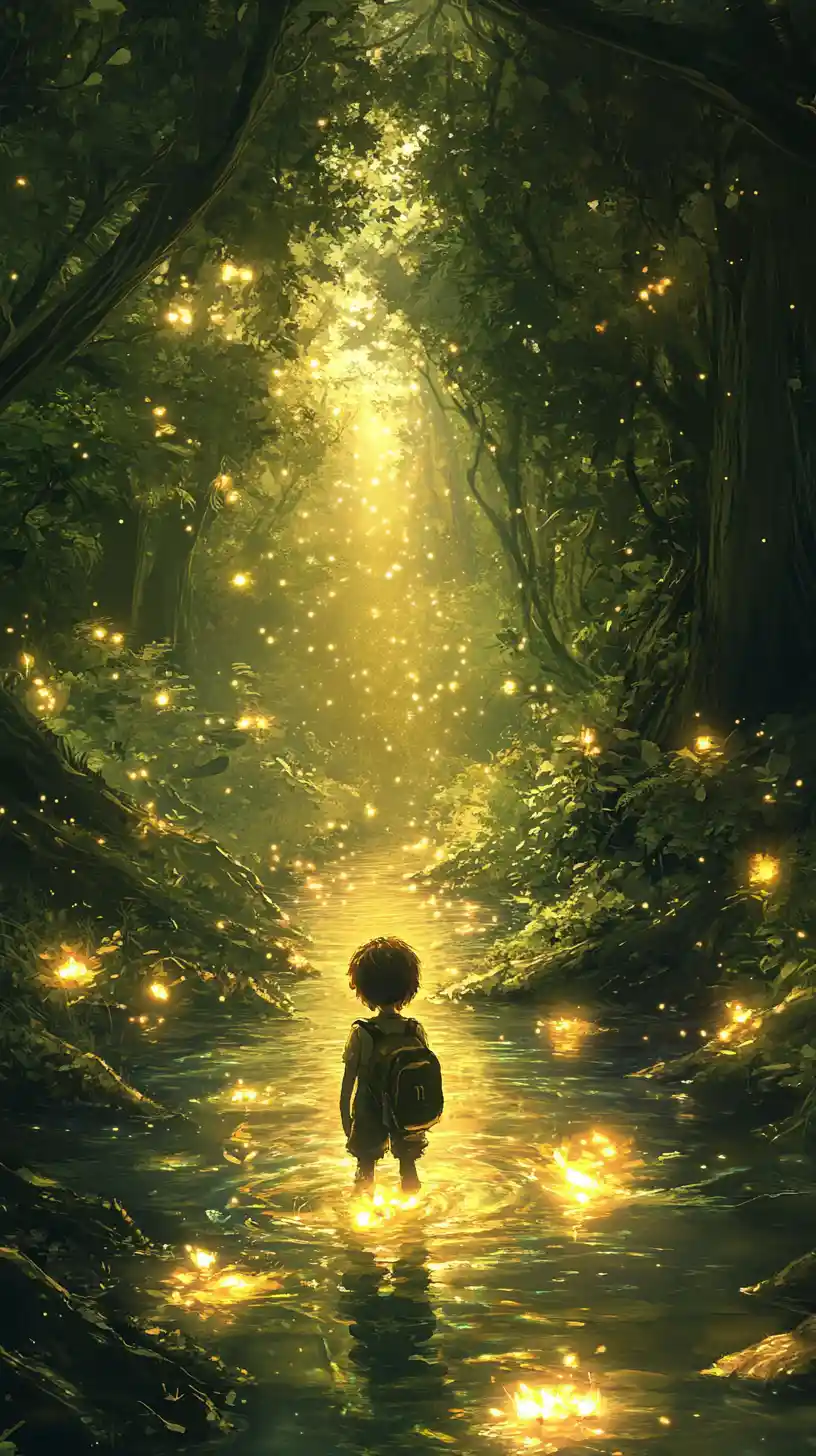 Child walking through glowing forest stream toward light