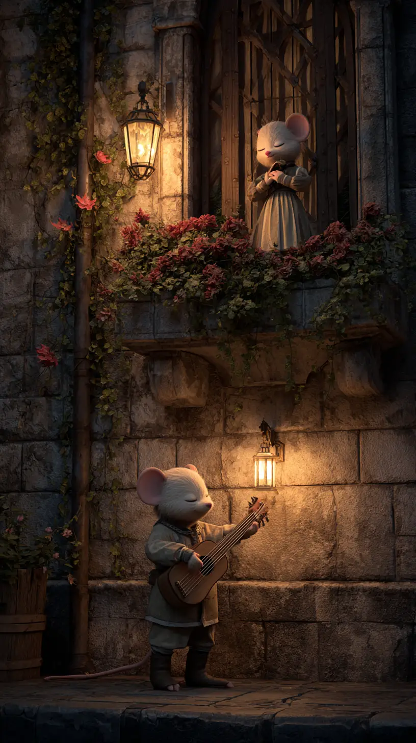 Cartoon mouse troubadour serenades girl on medieval balcony