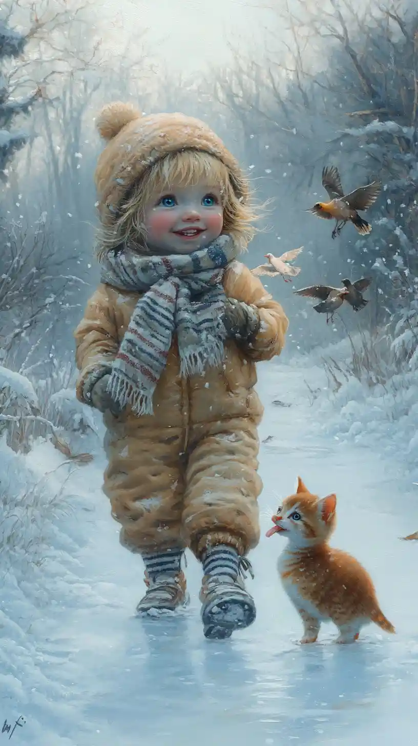 Little girl with kitten by a frozen woodland pond