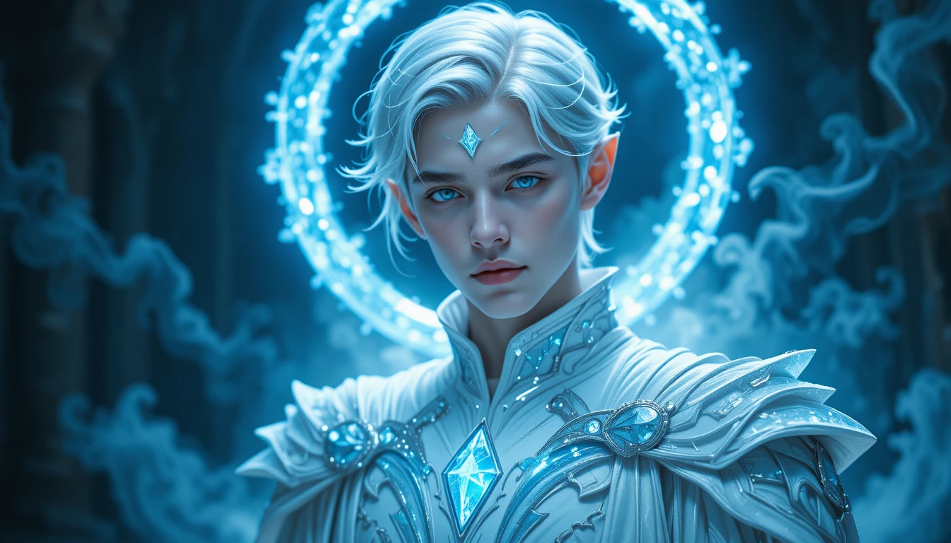 Celestial elf noble portrait with glowing crystal sigil