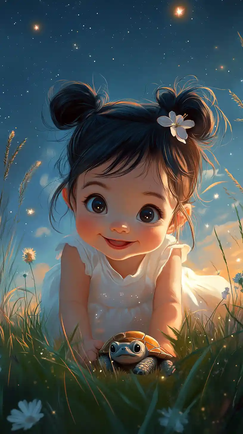 Cute baby girl crawling in grass with turtle