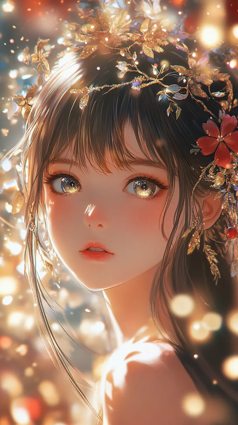 Anime girl portrait with floral hair ornaments and bokeh