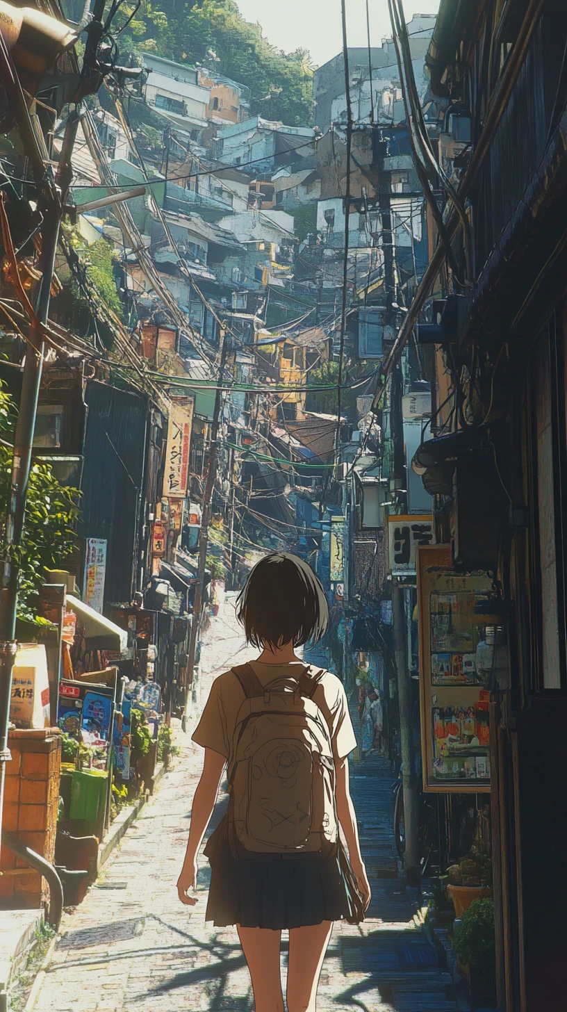 Anime girl walking down a narrow nostalgic Japanese street