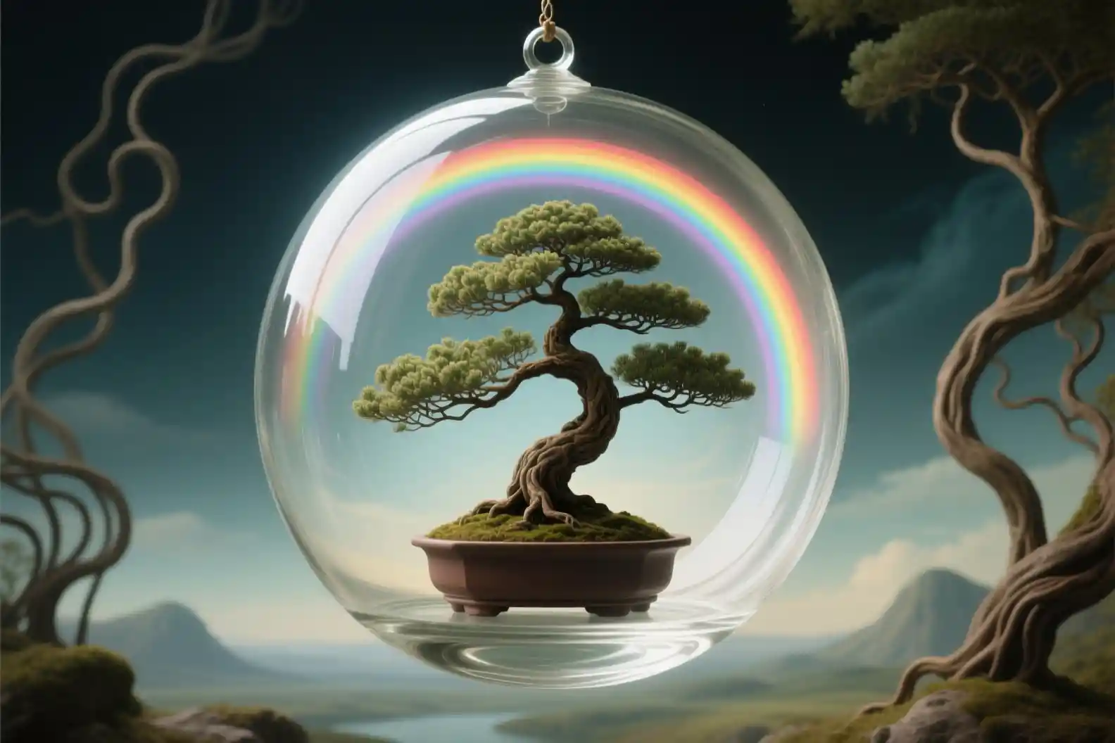 Delicada árvore de bonsai em esfera de vidro transparente com luz