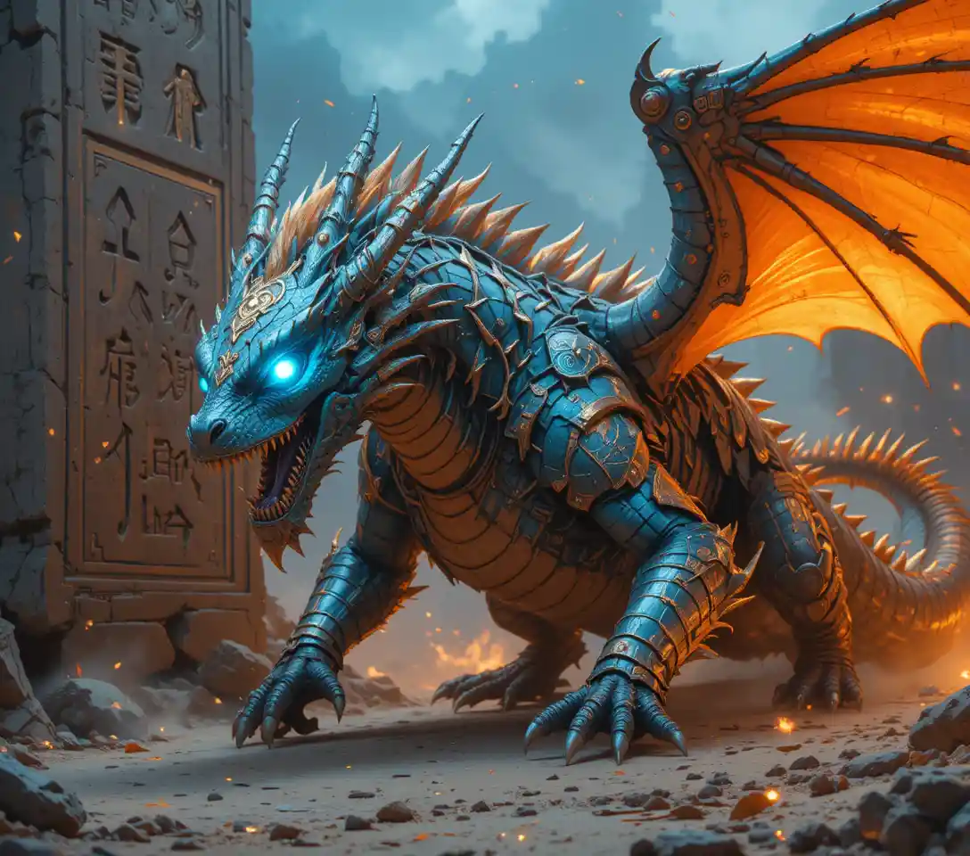 Fierce anime dragon guardian crawling beside rune carved stone