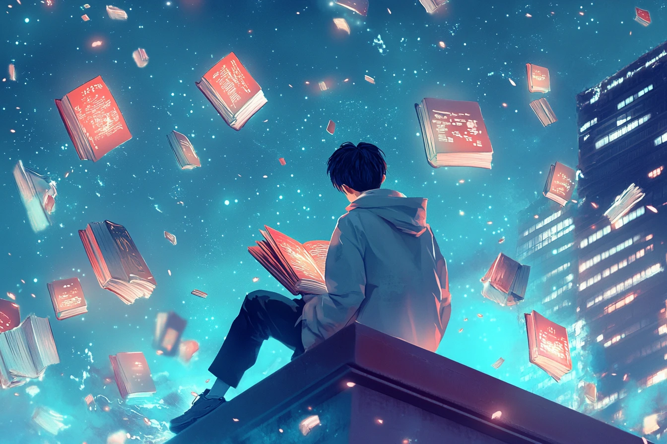 Japanese school boy on rooftop with glowing floating books