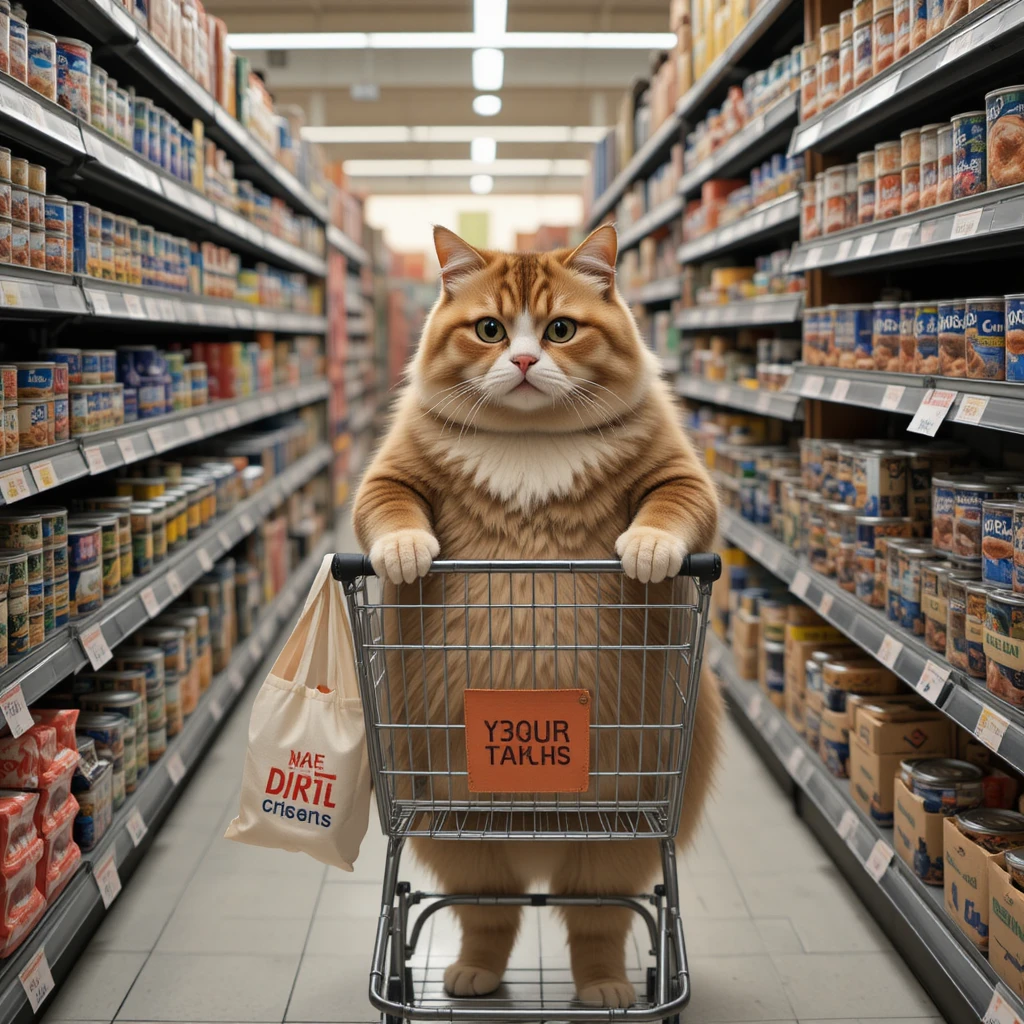 スーパーマーケットの通路で買い物カートを押す猫のキャラクター