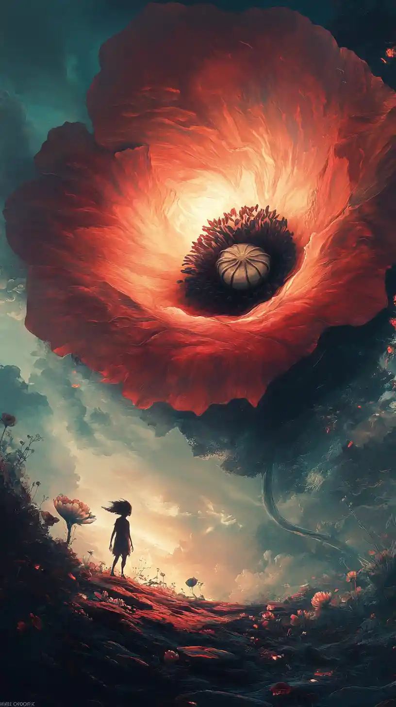 Shy demon hiding behind a glowing red poppy flower