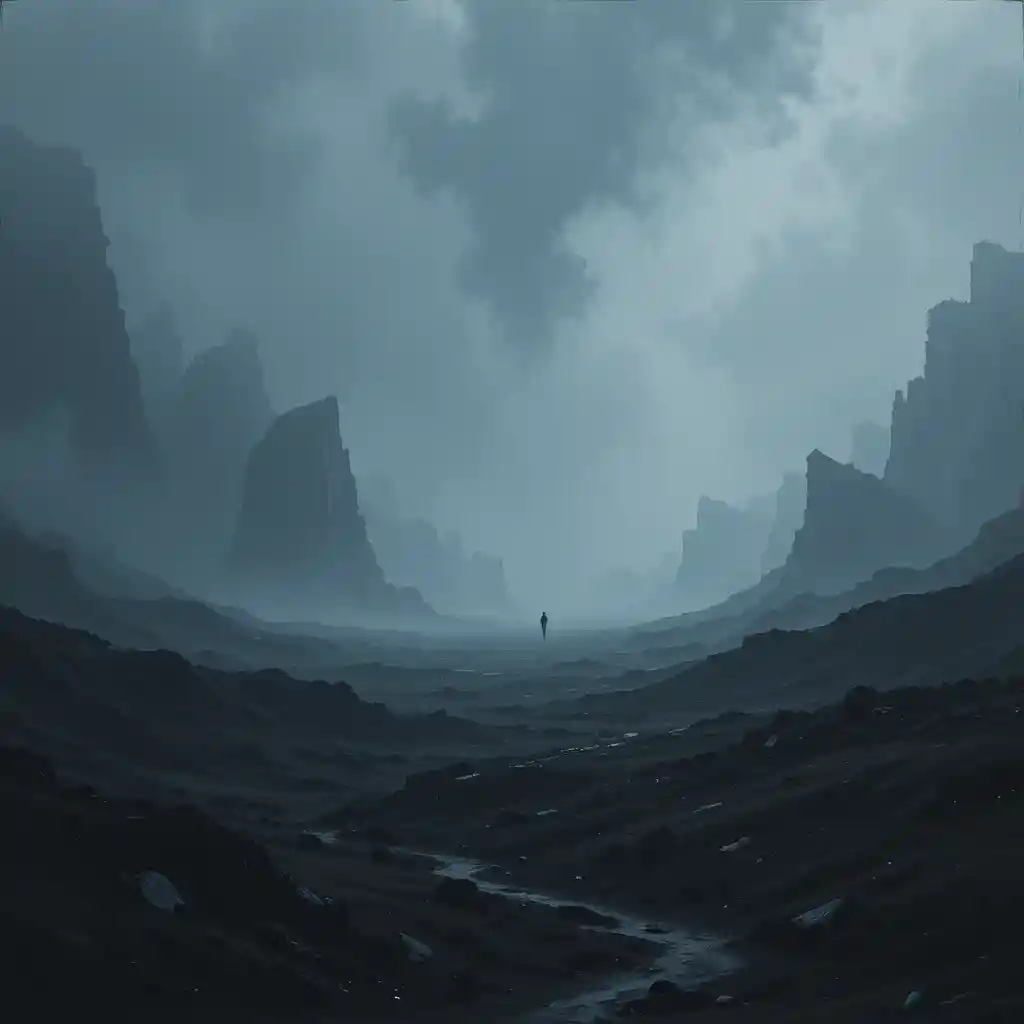 漆黒に近いブルーで描かれた荒涼とした抽象風景