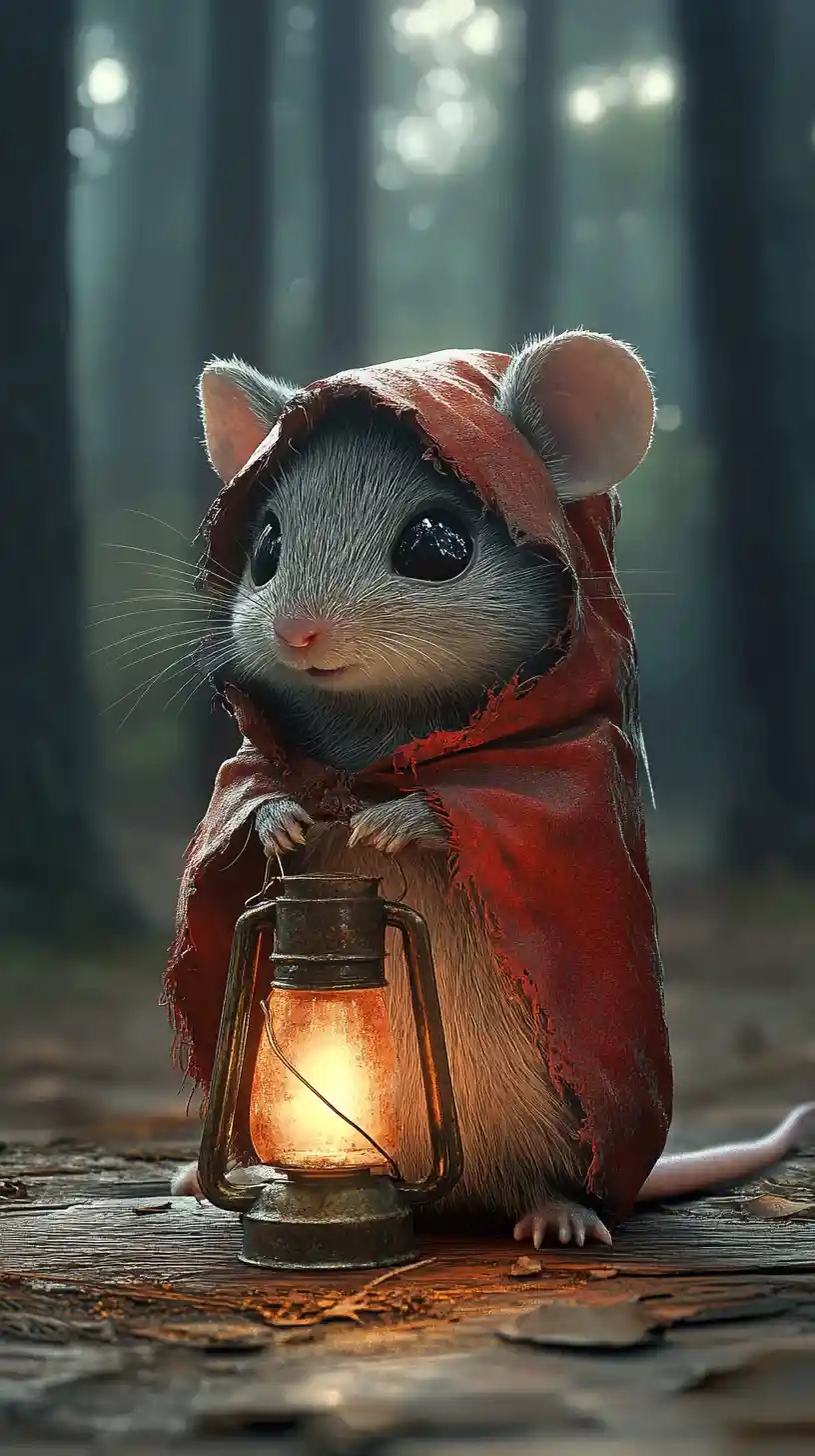 Minuscule souris encapuchonnée avec lanterne dans une forêt sombre