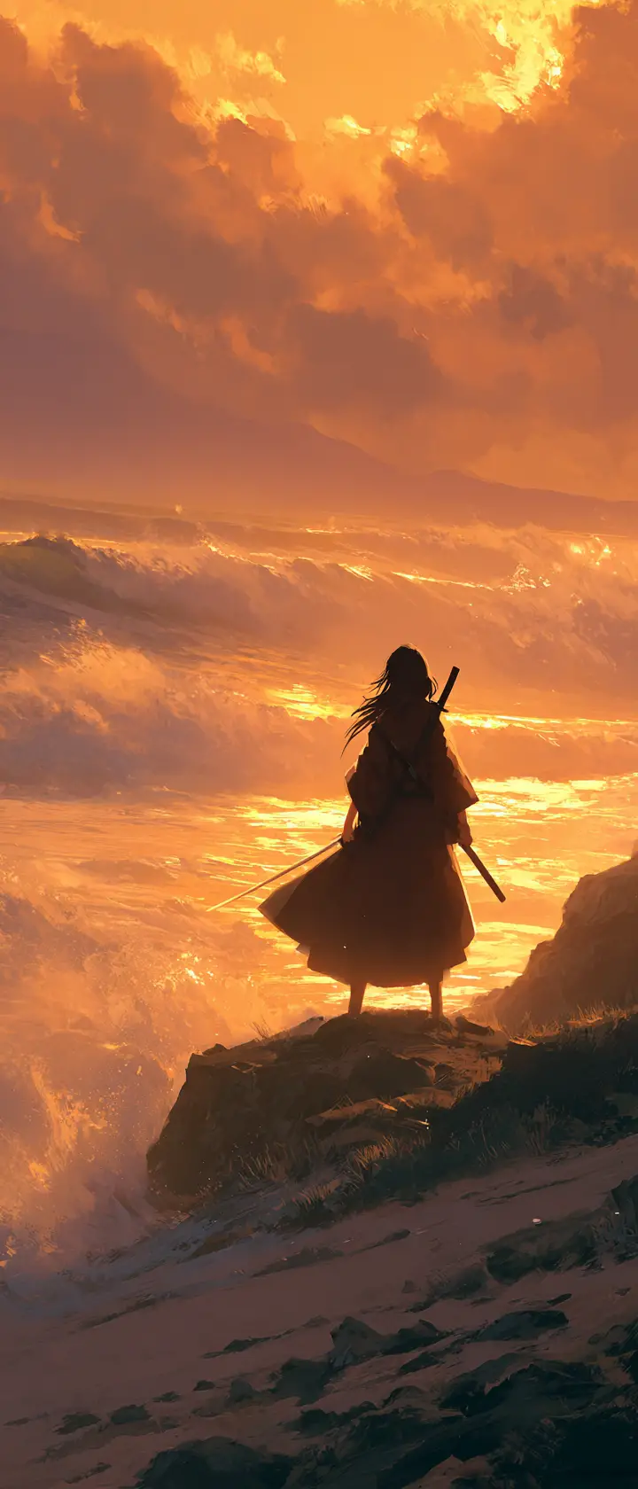 Samurai girl on ocean cliff at dramatic sunrise