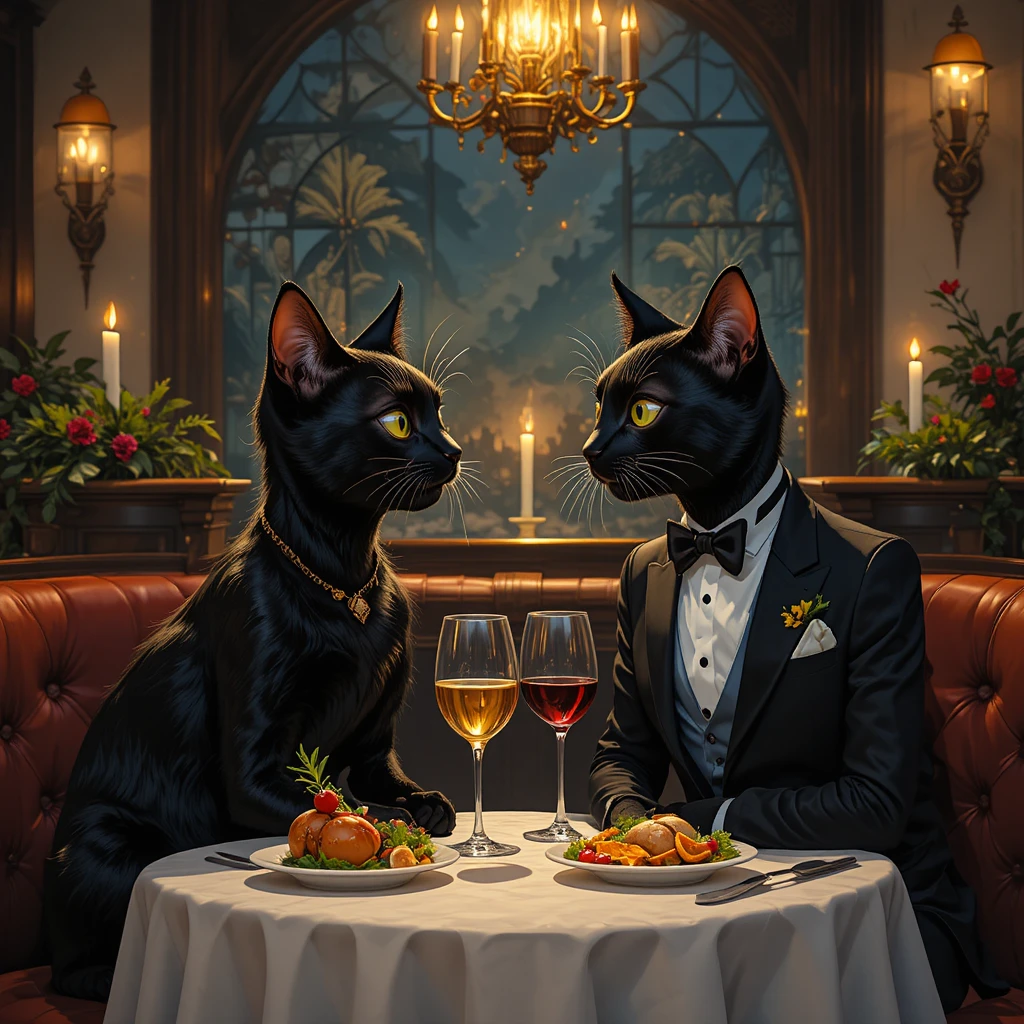 Due eleganti gatti che cenano in un ristorante illuminato dalle candele