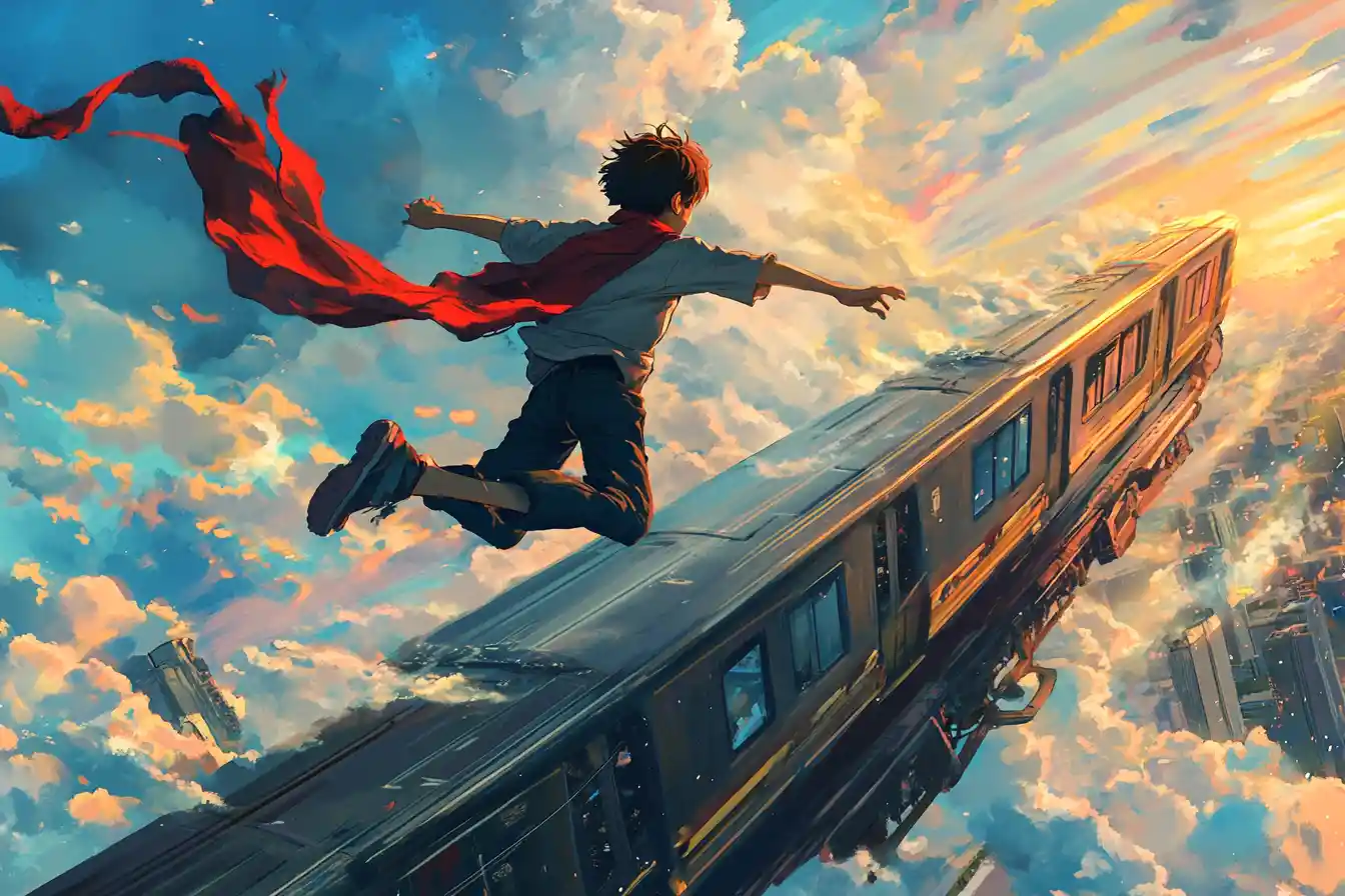 Ragazzo adolescente che corre su un treno nel cielo con sciarpa rossa