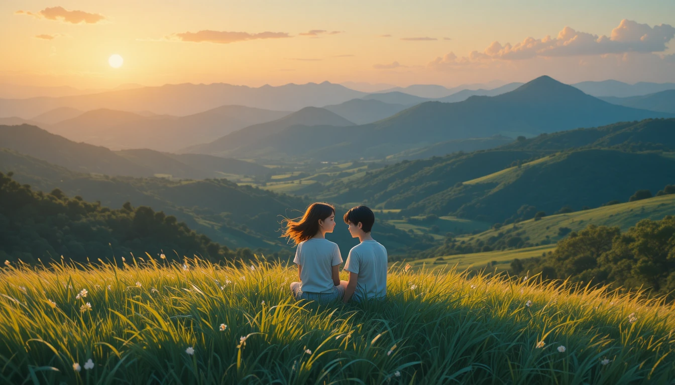Coppia anime seduta su una tranquilla collina erbosa al tramonto