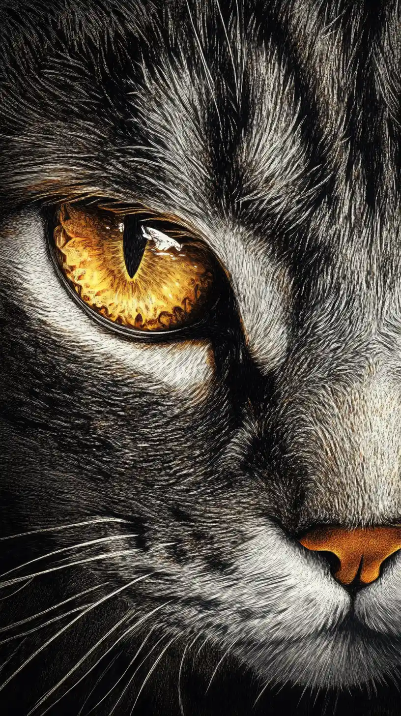 Close up digital drawing of a cat with dramatic eyes