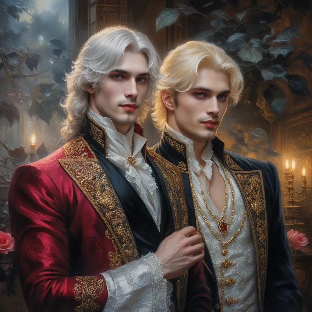 Baroque fantasy princes embracing in a moonlit room