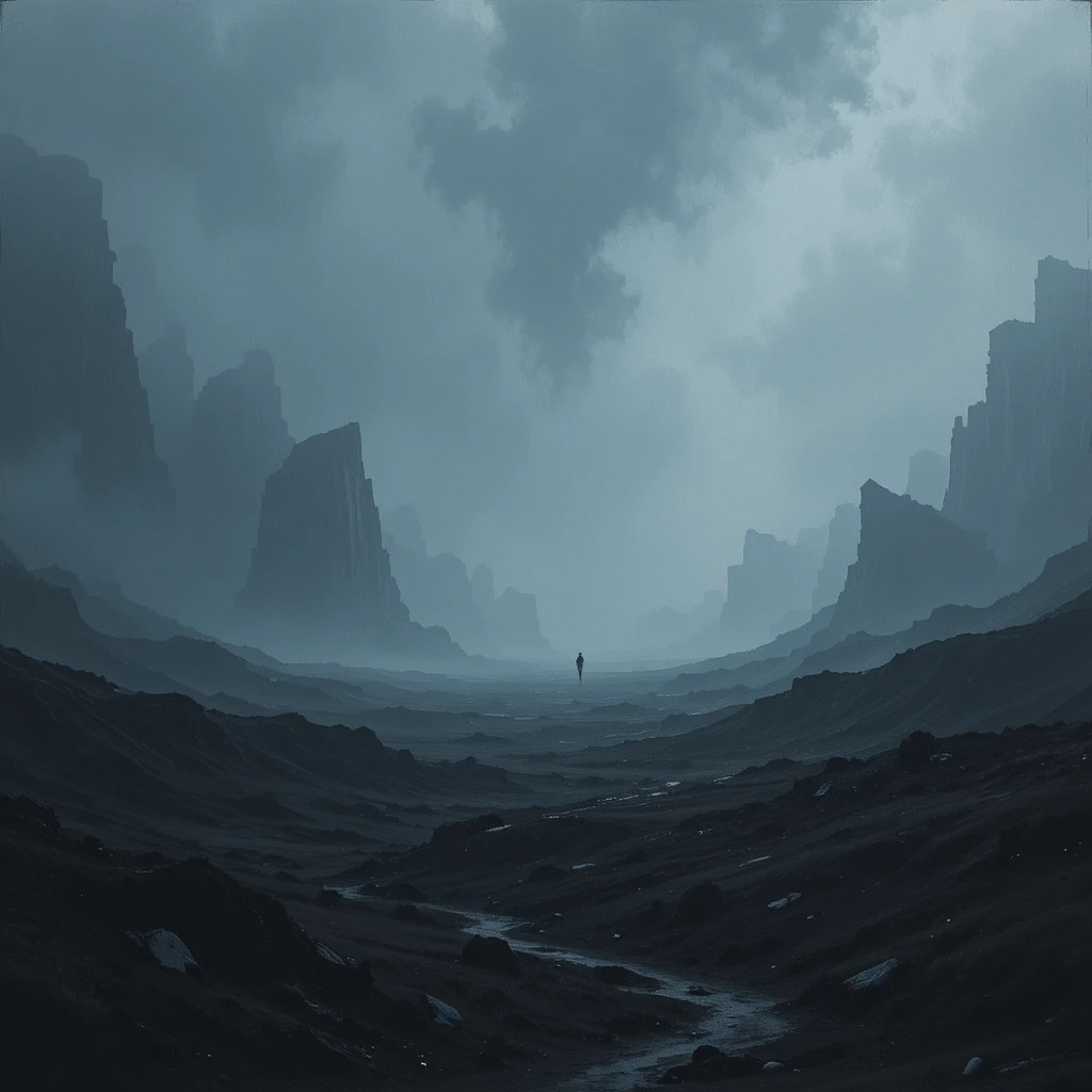 漆黒に近いブルーで描かれた荒涼とした抽象風景