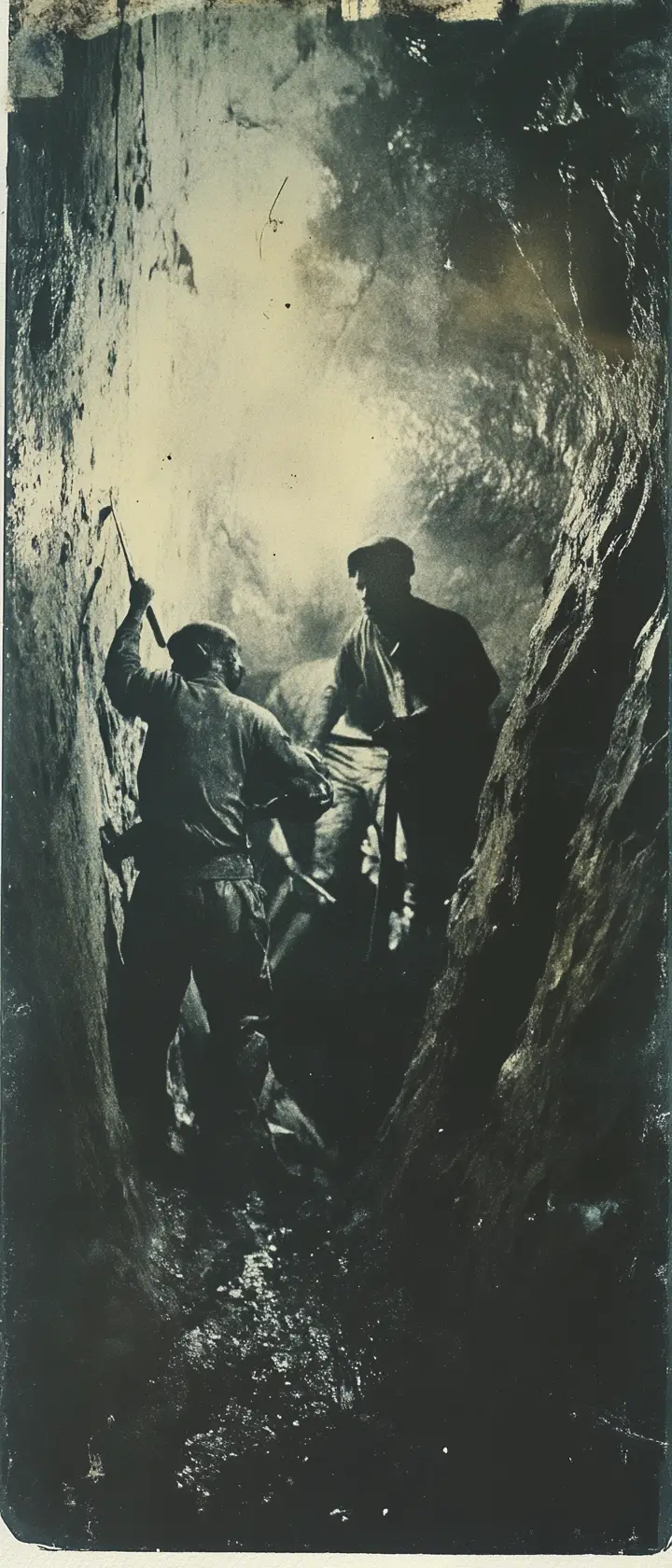 Black And White Miners Working In A Dim Mine