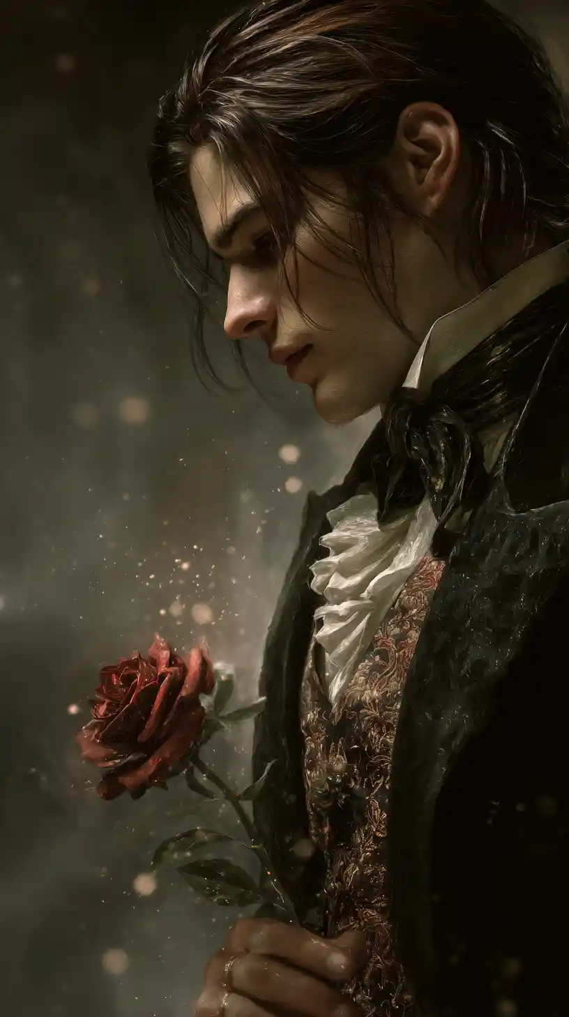 Uomo vittoriano che tiene una rosa rossa sotto un cielo notturno magico